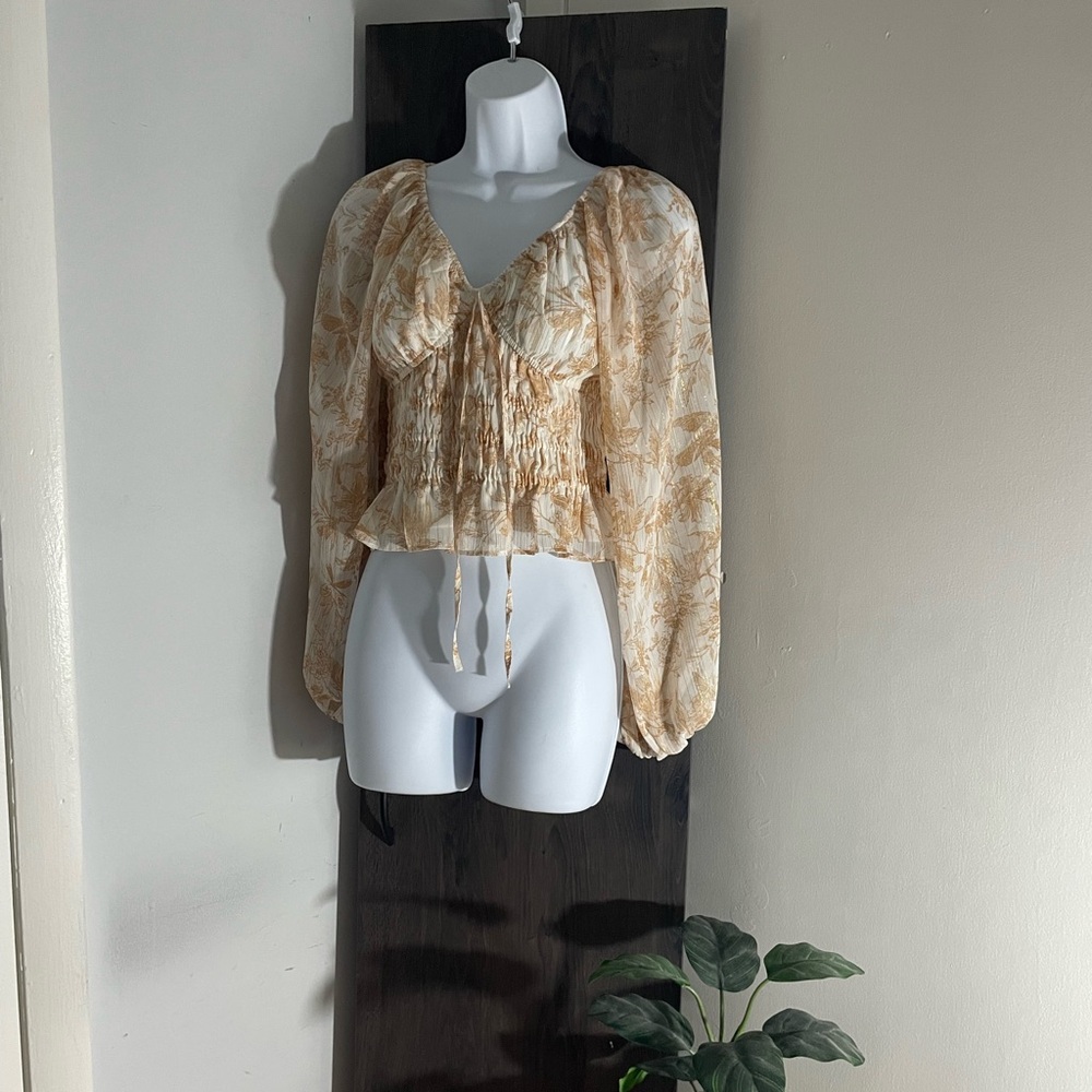 Express Blouse XS Chiffon Smocked V Neck Long Puff Sleeve Cropped Rose Gold 2023